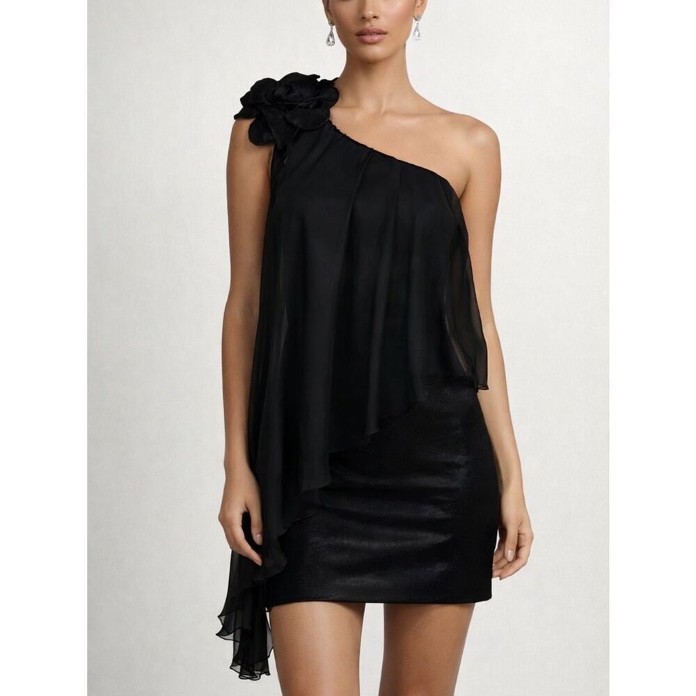 Cache Black One Shoulder Flower Detail Mini Dress Size 6 Vintage